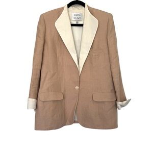 Vintage Agatha Brown Linen Oversized‎ Blazer Suit Jacket Tan & Cream